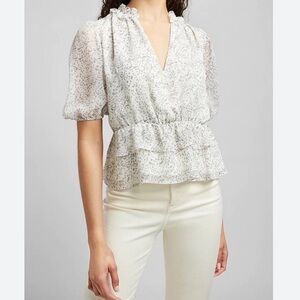 Express White And Grey Patterned Surplice Ruffle Short Sleeve Blouse
